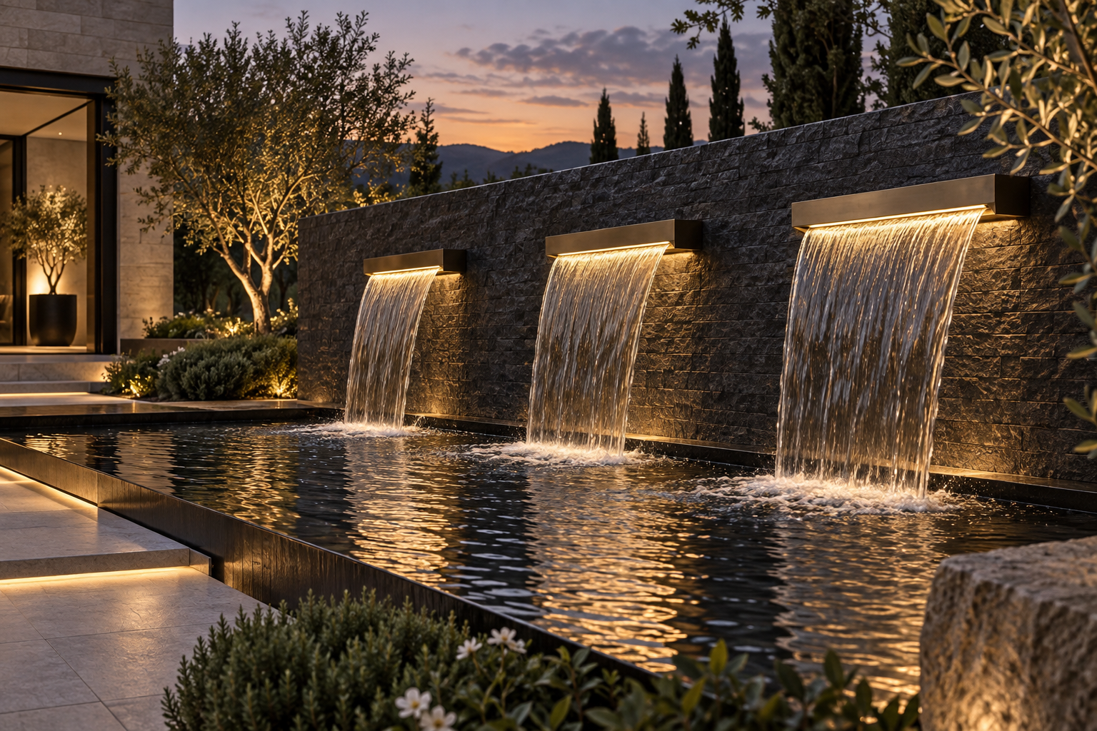 Design concept of three illuminated cascading waterfalls on a stone courtyard wall